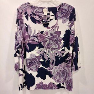 CHICO'S Sz 2 Large Purple/White Floral Stretch Top